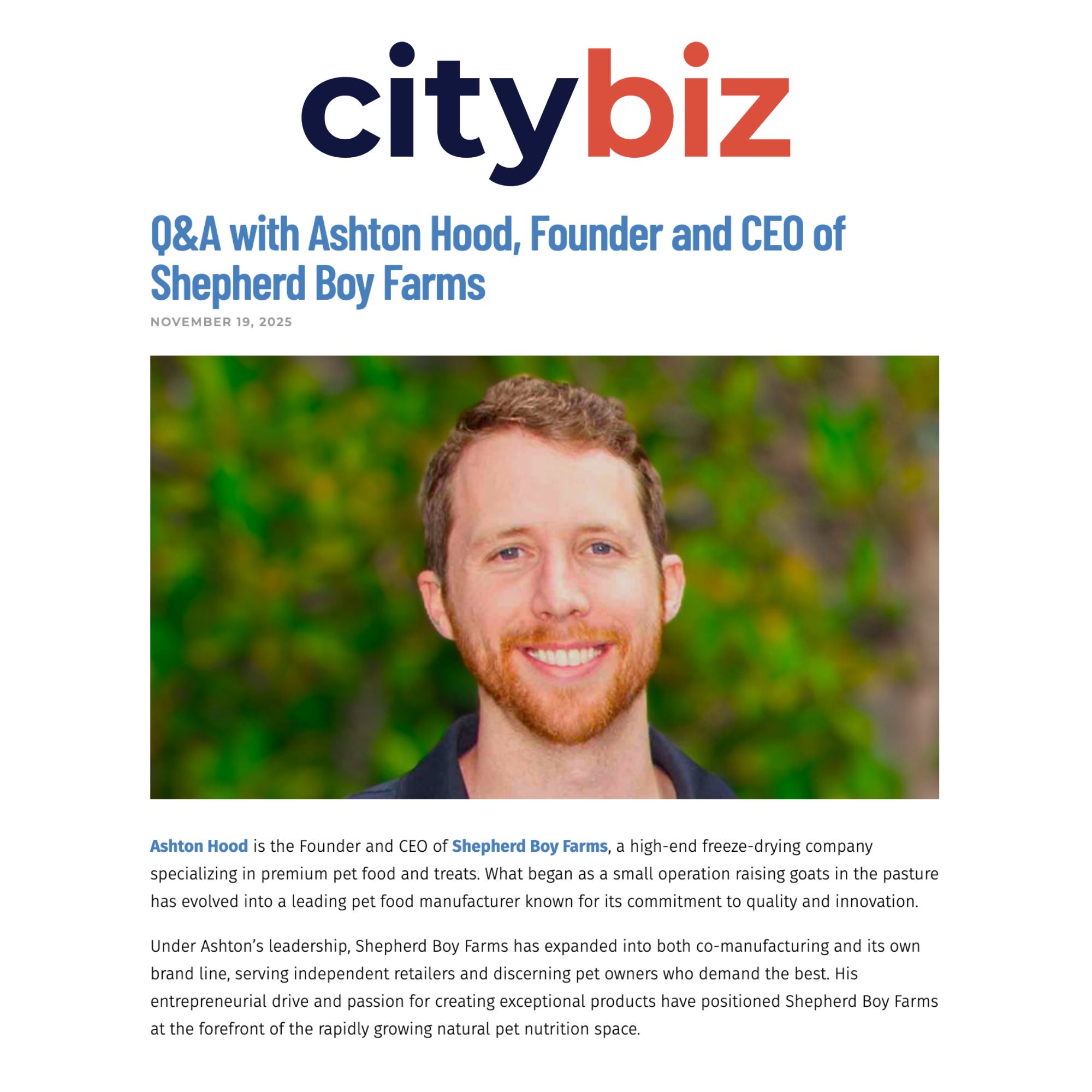 CityBiz - Q&A with Ashton Hood, Founder and CEO of Shepherd Boy Farms