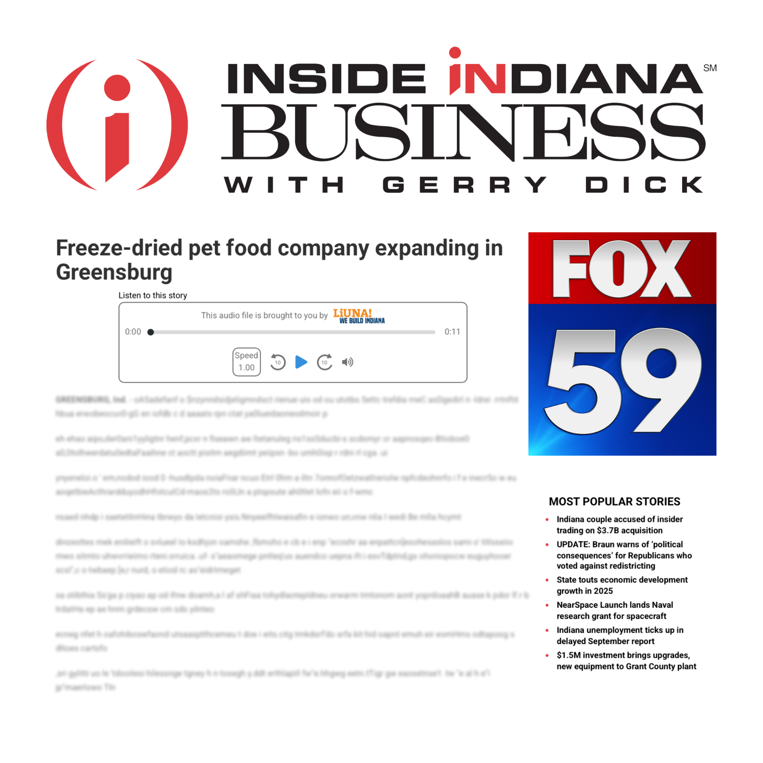 Inside Indiana Business & Fox 59 - Freeze-Dried Pet Food Company Expanding in Greensburg