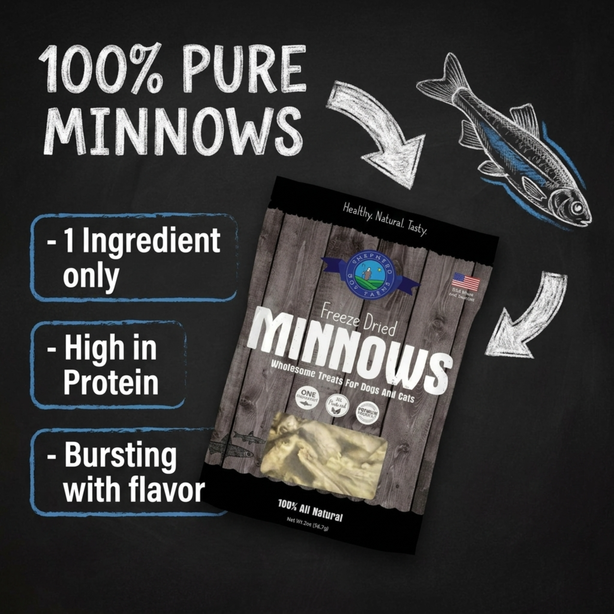 Freeze-dried minnows packaging with text highlighting features on a black background