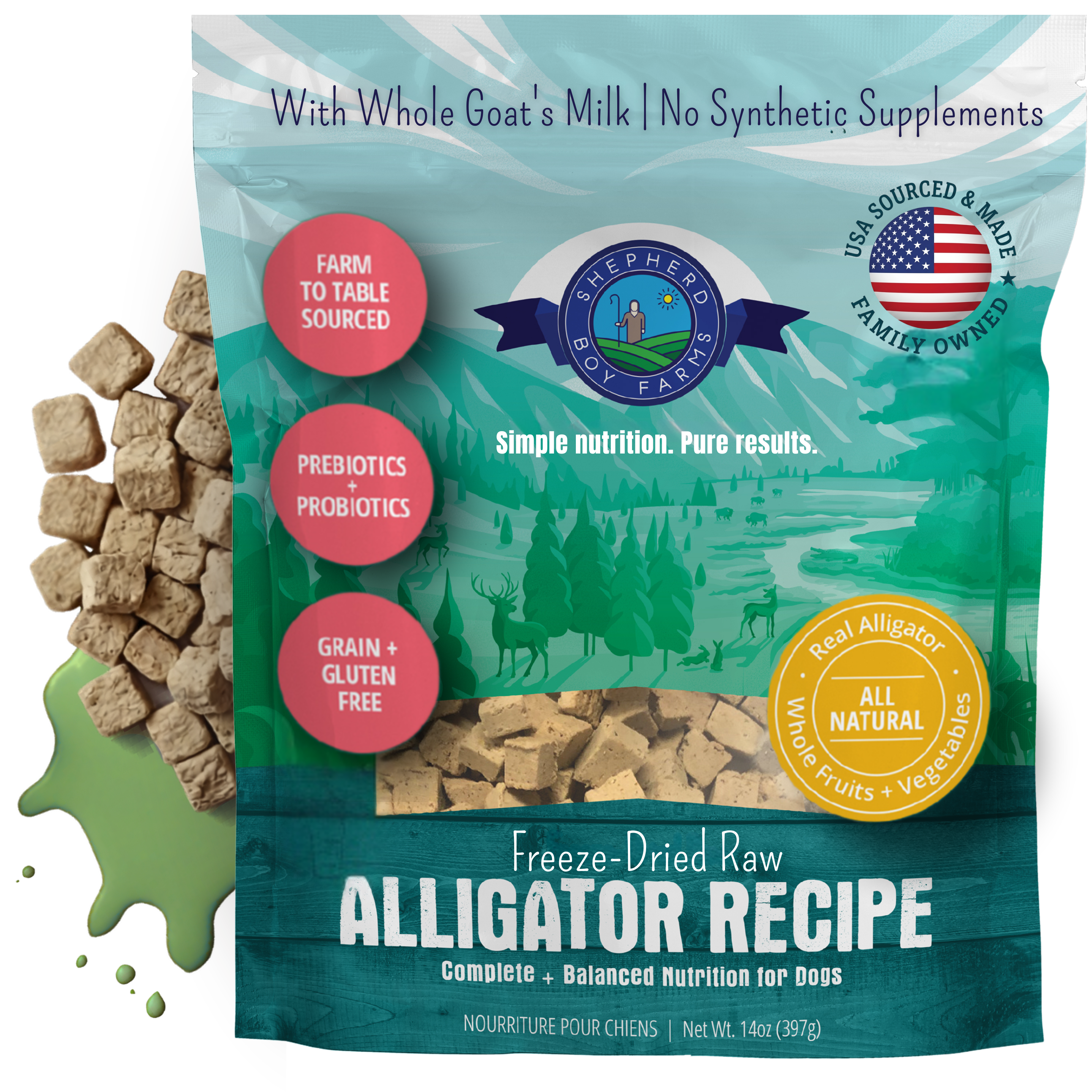 Dog food packaging for freeze-dried raw alligator recipe, with information about ingredients and nutritional benefits.