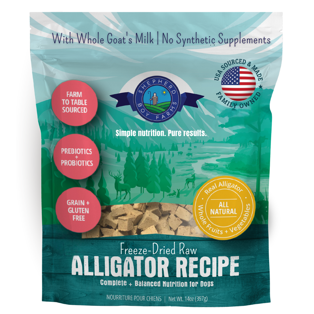 Dog food packaging for freeze-dried raw alligator recipe, with information about ingredients and nutritional benefits.