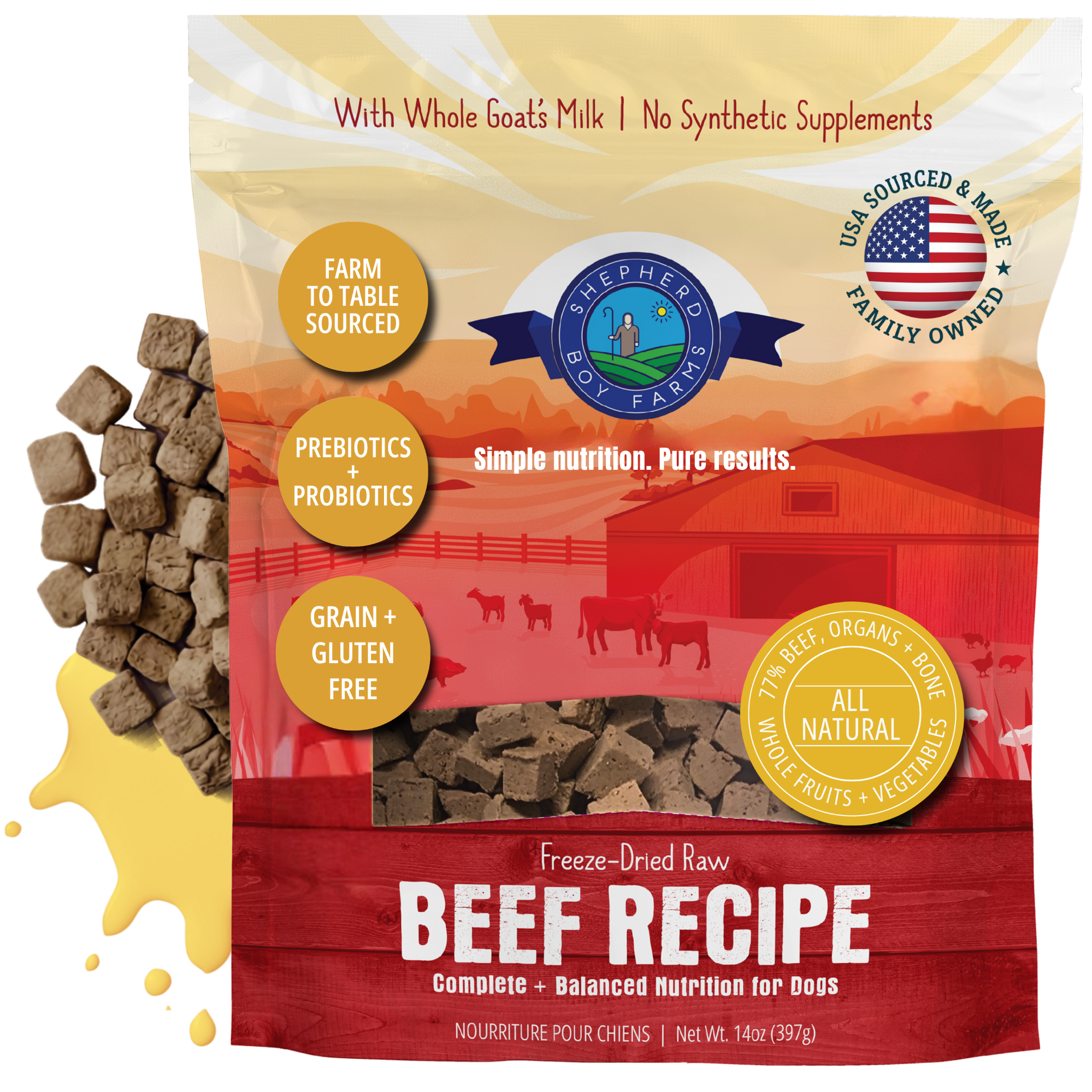Bag of Shepherd Boy Farms freeze-dried raw beef dog food with goat's milk.