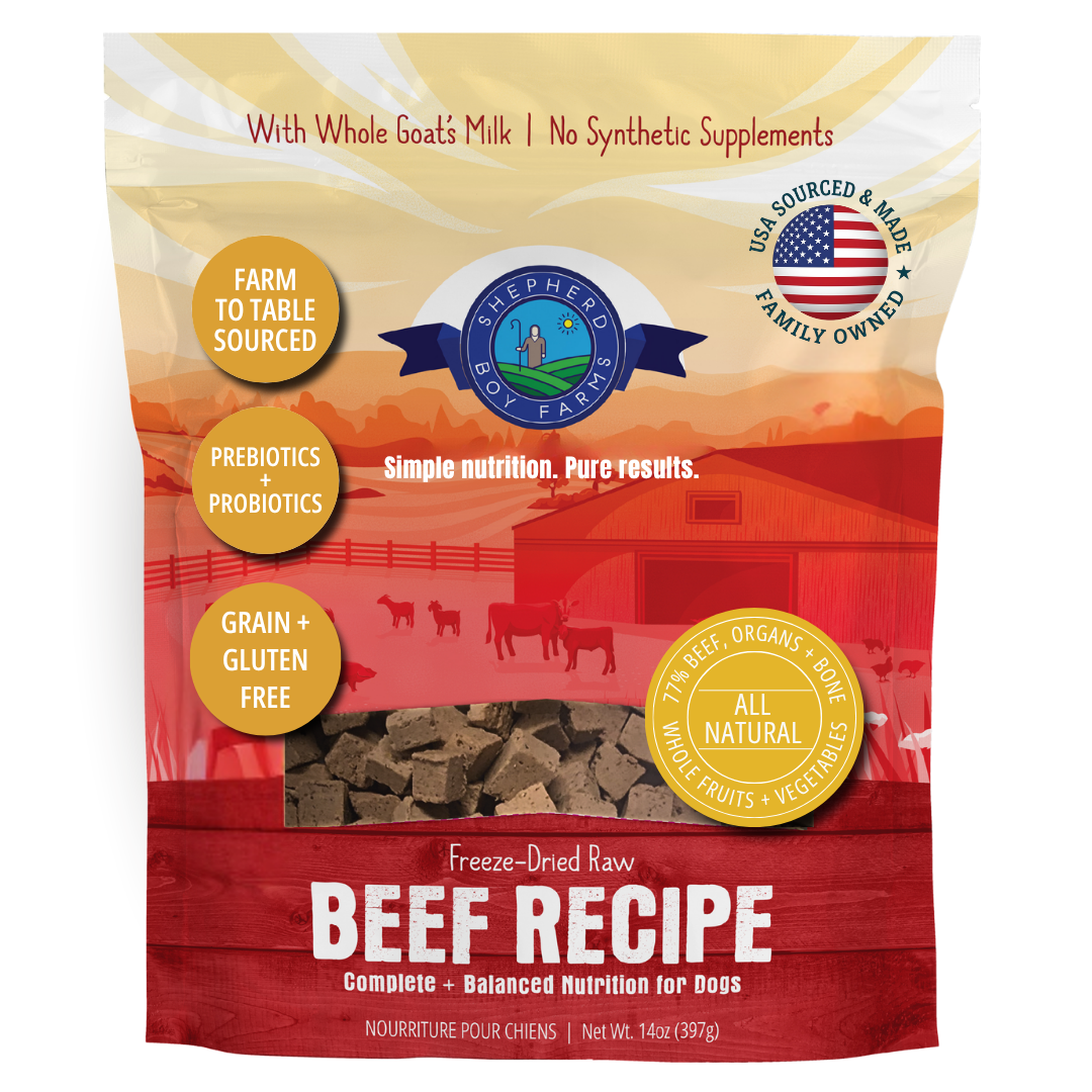 Bag of Shepherd Boy Farms freeze-dried raw beef dog food with goat's milk.