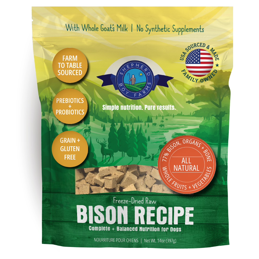 Package of Shepherd Boy Farms freeze-dried raw bison recipe dog food with whole goat's milk.
