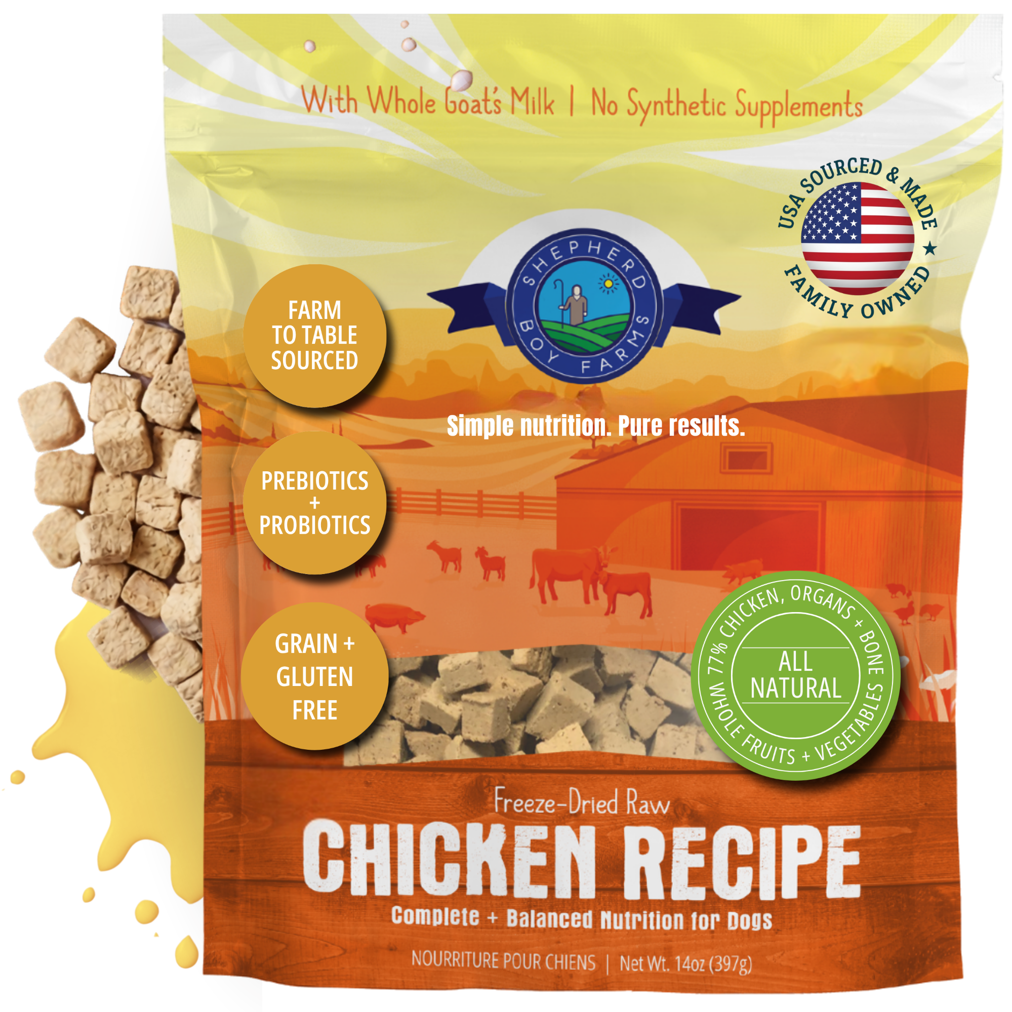 Bag of Shepherd Boy Farms freeze-dried raw chicken recipe dog food with whole goat's milk.