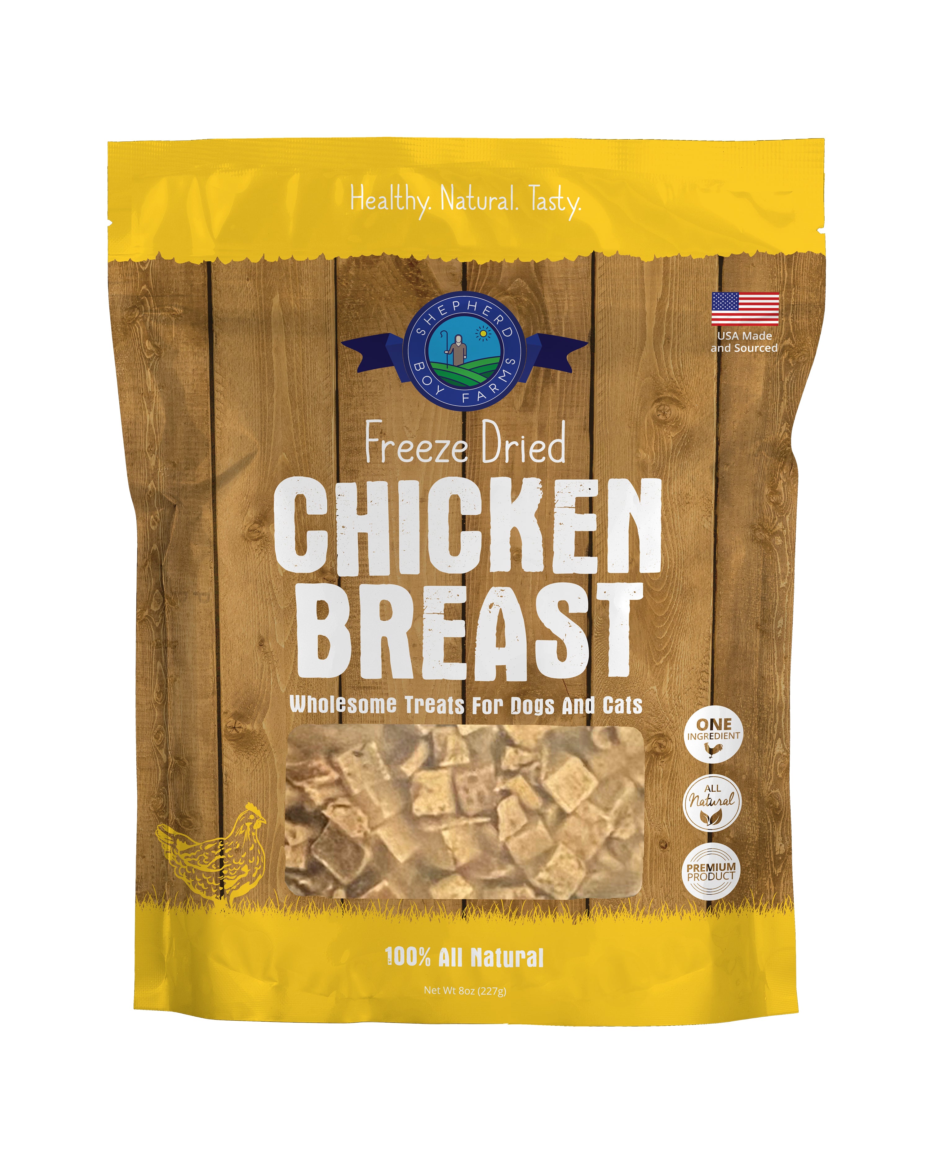 Package of freeze-dried chicken breast for pets with a wooden design and yellow top.