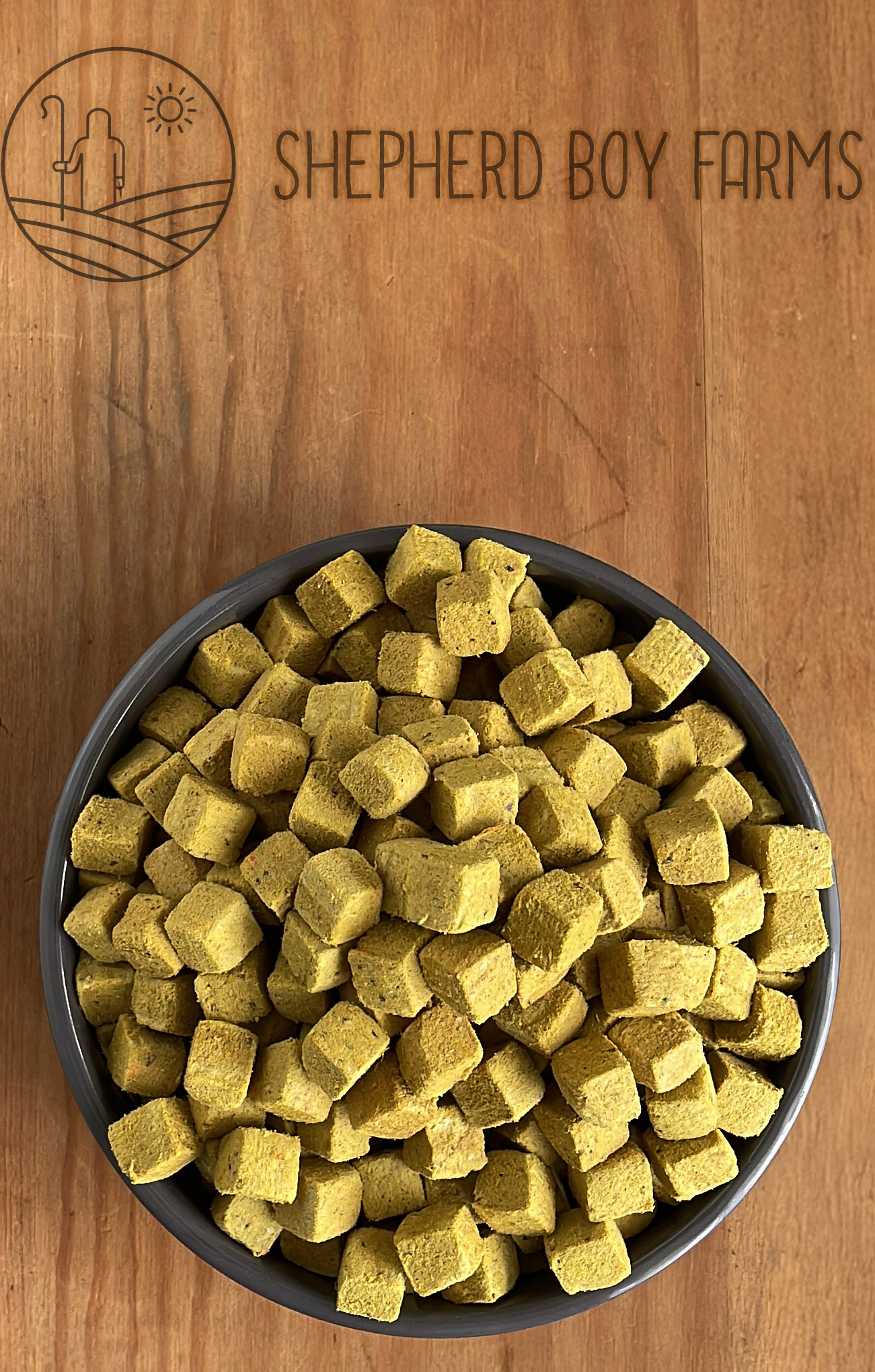 Shepherd Boy Farms Freeze Dried Dog Food on wooden background