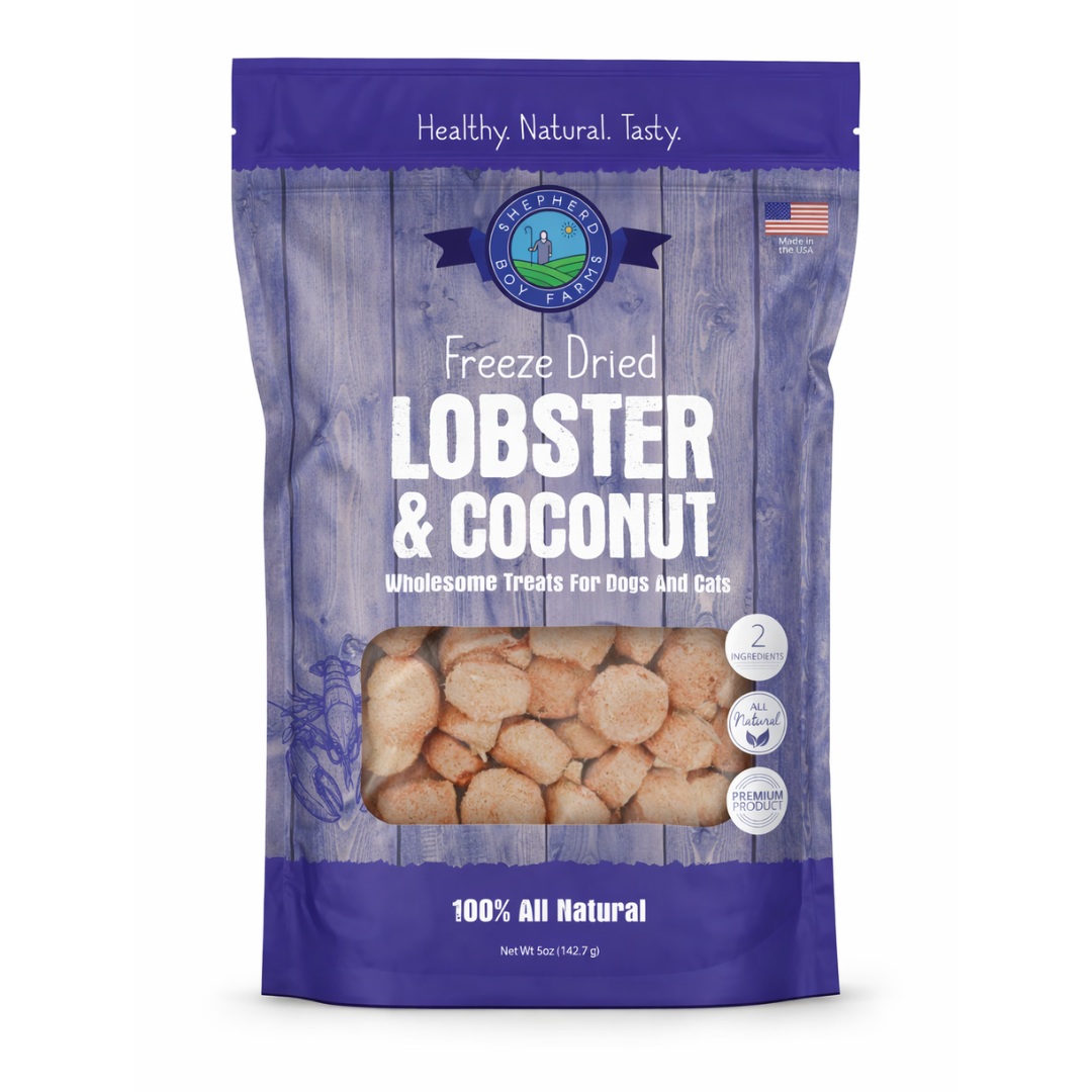 Package of freeze-dried lobster and coconut treats for pets on a white background
