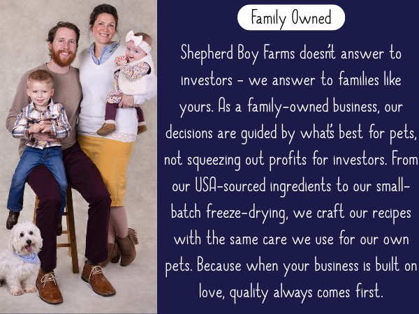 Family sitting together with a dog, promotional text about Shepherd Boy Farms on a blue background