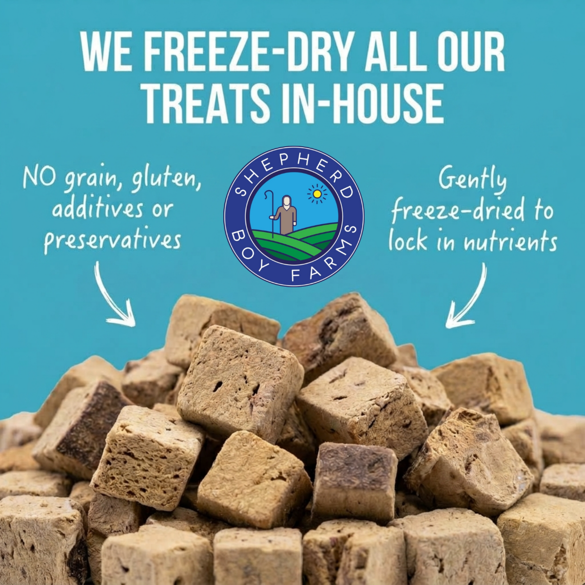 Shepherd Boy Farms freeze-dried treats with text on a blue background