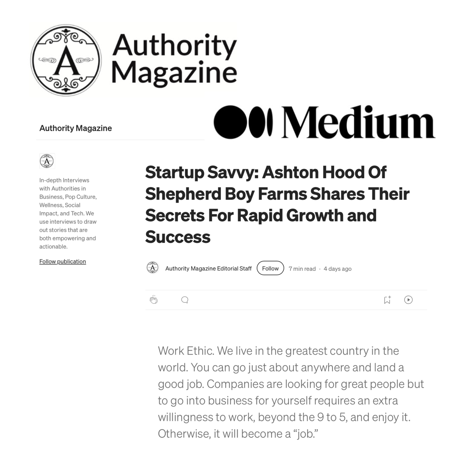 Medium Authority Magazine - Startup Savvy: Ashton Hood Of Shepherd Boy Farms Shares Their Secrets For Rapid Growth and Success