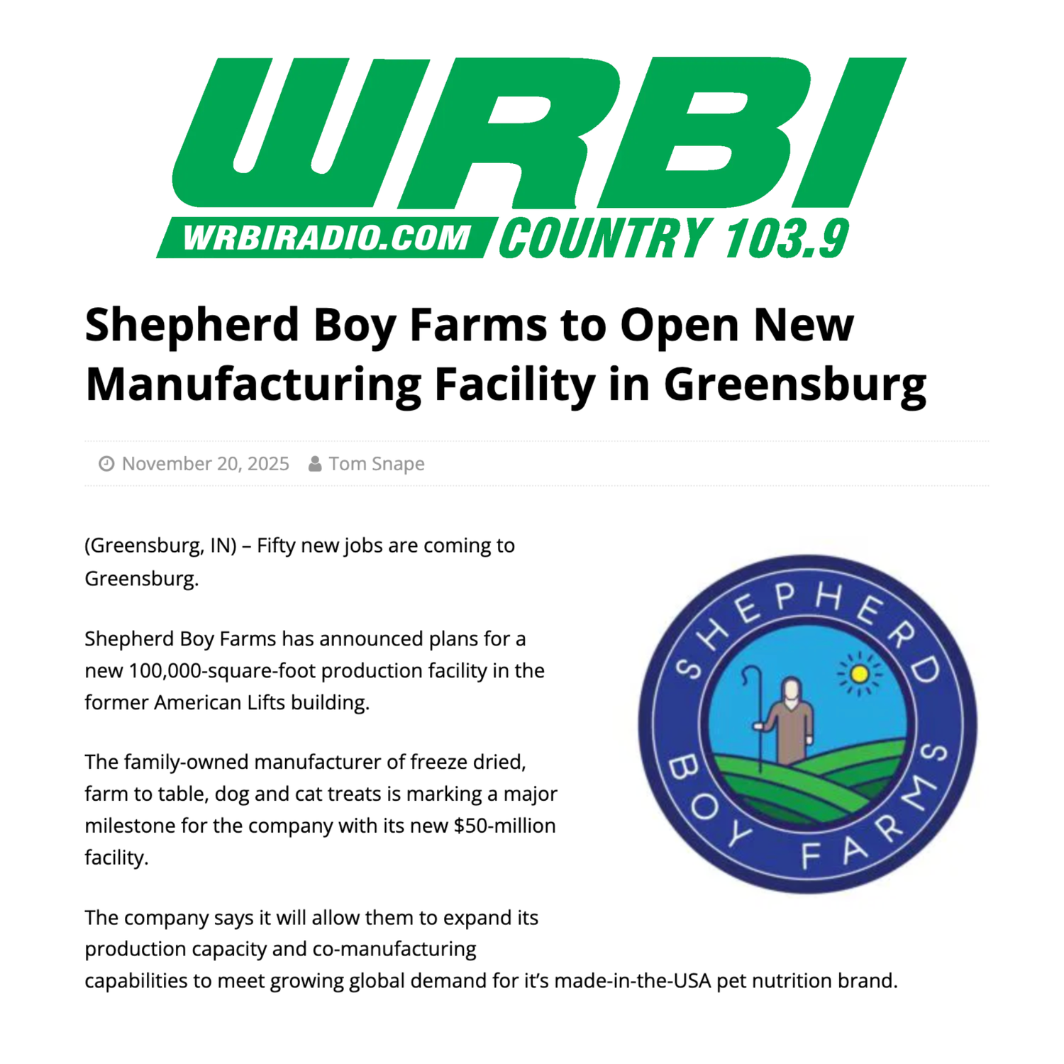 WRBI Radio - Shepherd Boy Farms to Open New Manufacturing Facility in Greensburg