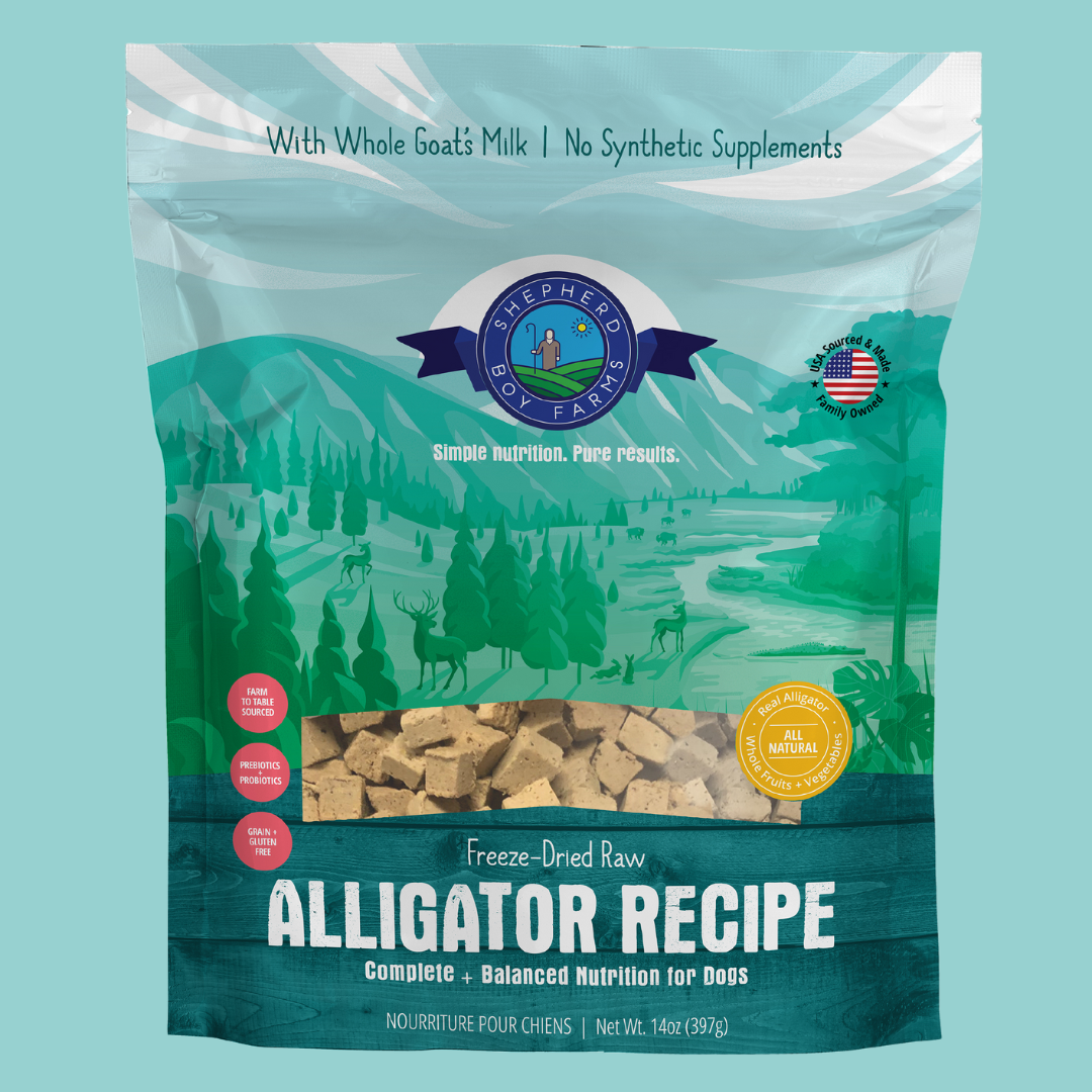 Dog food packaging for freeze-dried raw alligator recipe, with information about ingredients and nutritional benefits.