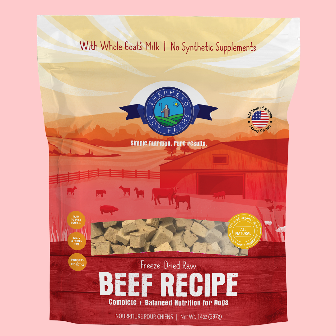 Bag of Shepherd Boy Farms freeze-dried raw beef dog food with goat's milk.