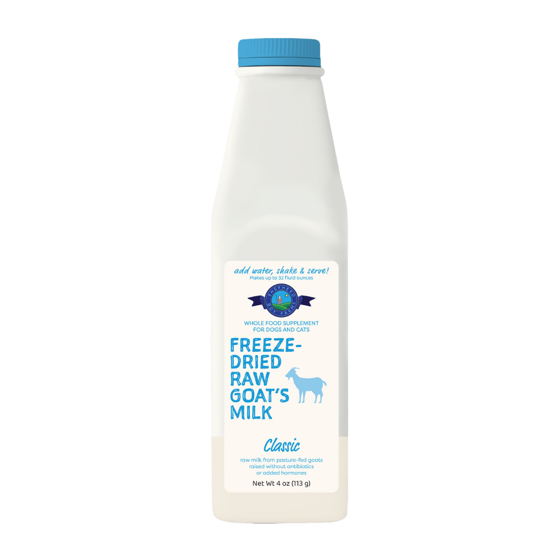 Bottle of freeze-dried raw goat's milk for pets.