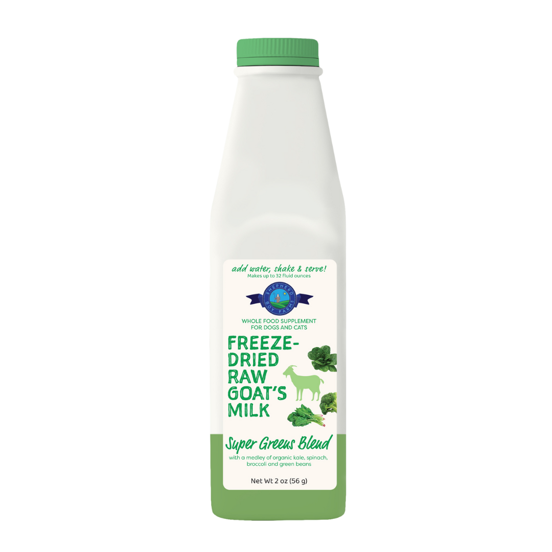 Freeze-dried raw goat's milk bottle for dogs and cats, super greens blend.