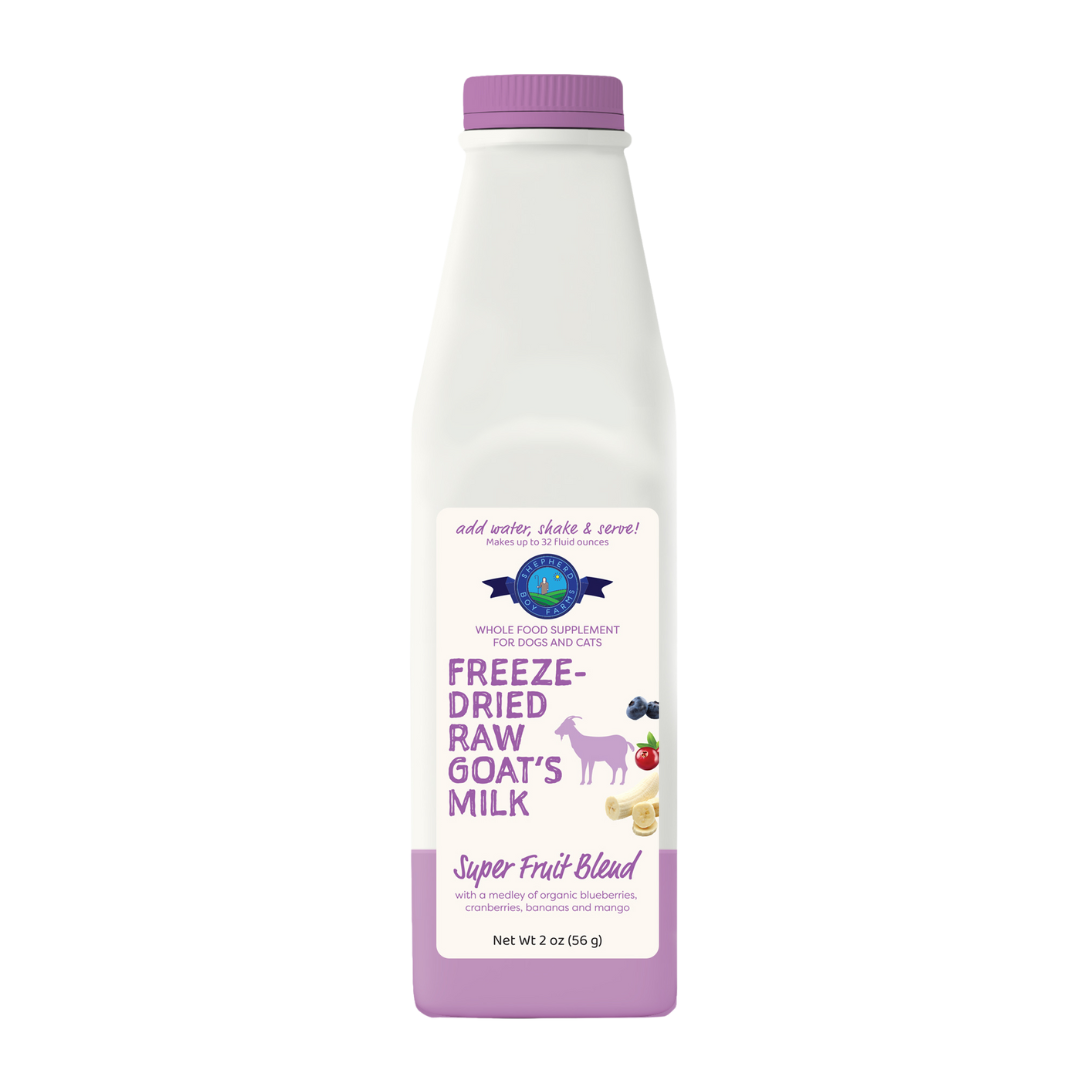 Freeze-dried raw goat's milk for pets in a purple and white container.