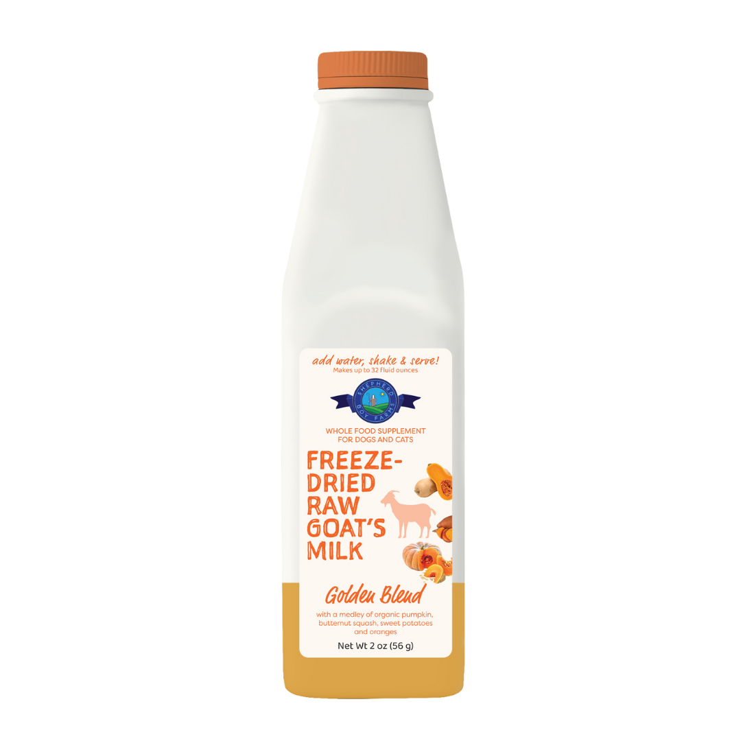 Plastic bottle of freeze-dried raw goat's milk for pets, labeled 'Golden Blend.'