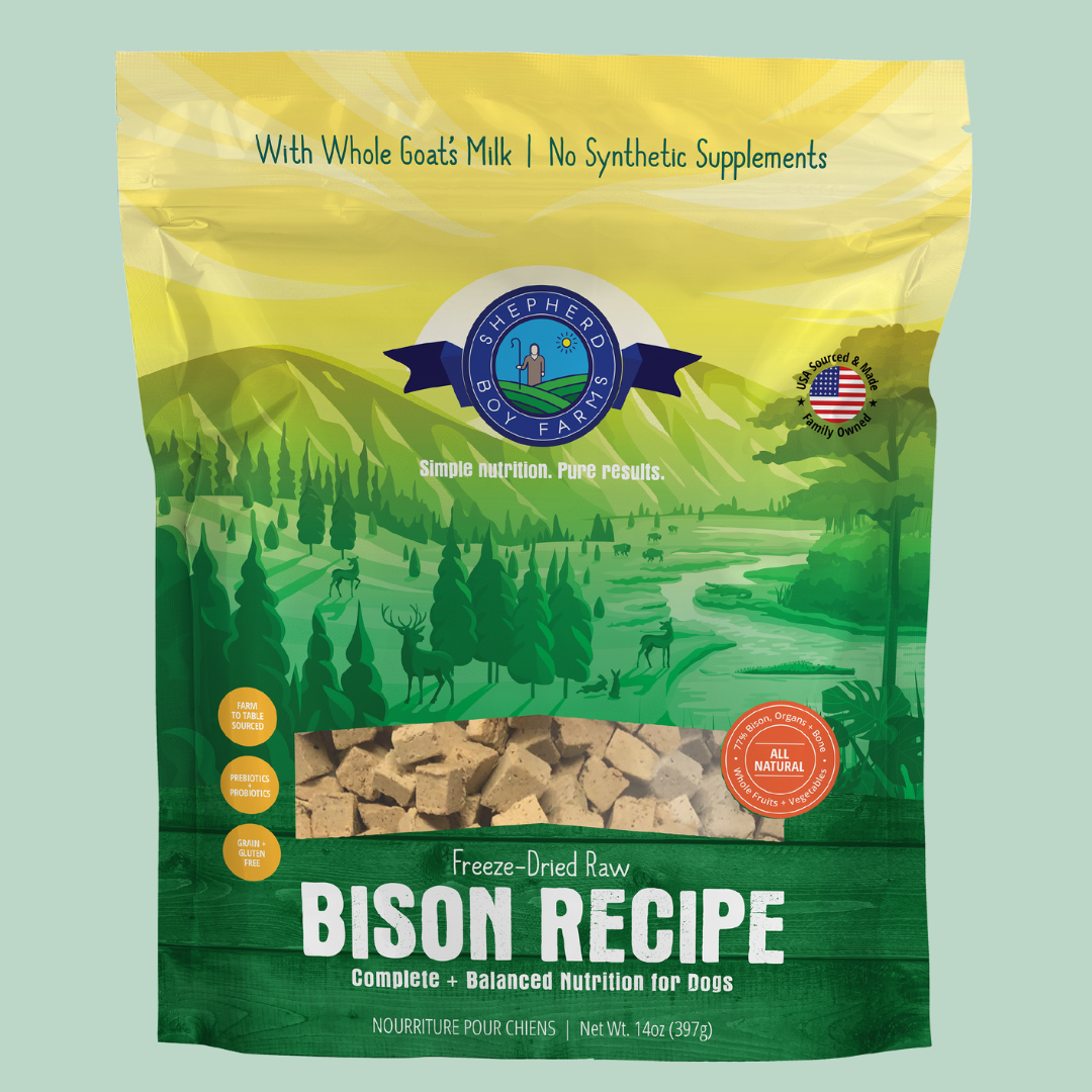 Package of Shepherd Boy Farms freeze-dried raw bison recipe dog food with whole goat's milk.