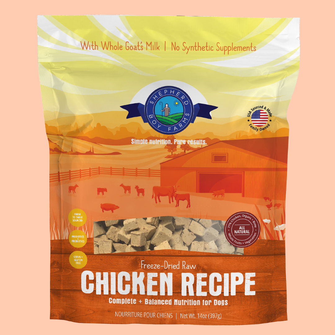 Bag of Shepherd Boy Farms freeze-dried raw chicken recipe dog food with whole goat's milk.