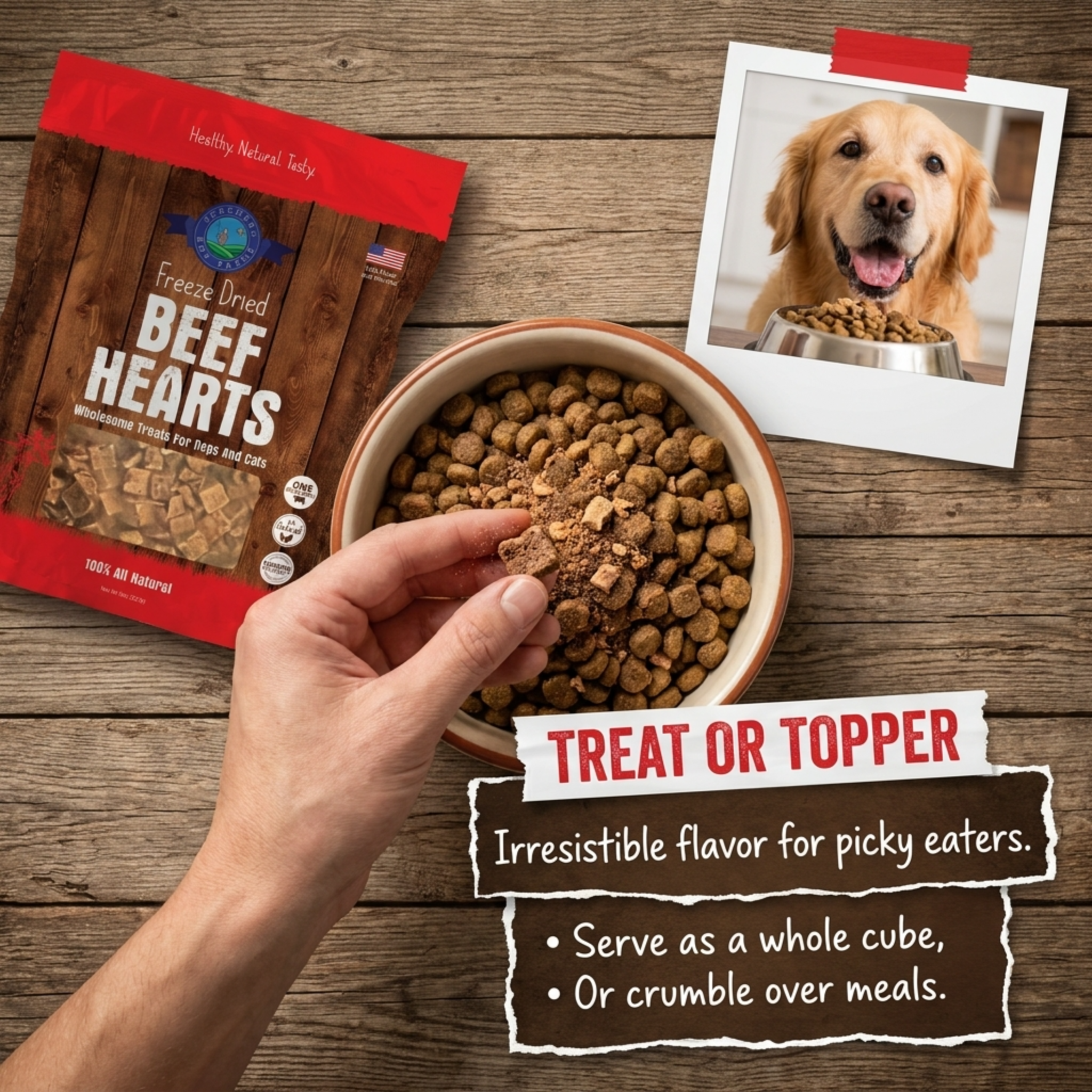 Dog food bowl with beef hearts treat, hand holding a cube, and promotional text on a wooden surface.