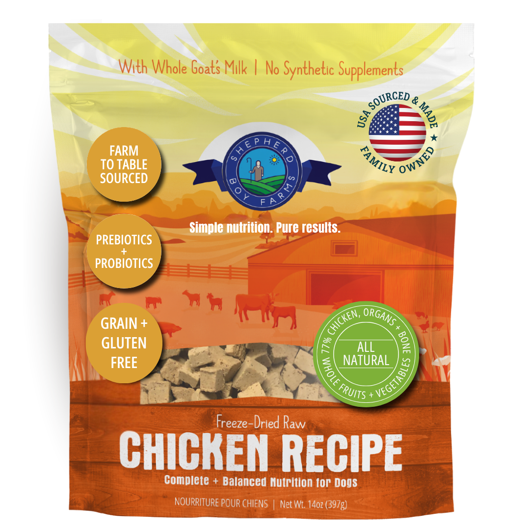 Bag of Shepherd Boy Farms freeze-dried raw chicken recipe dog food with whole goat's milk.