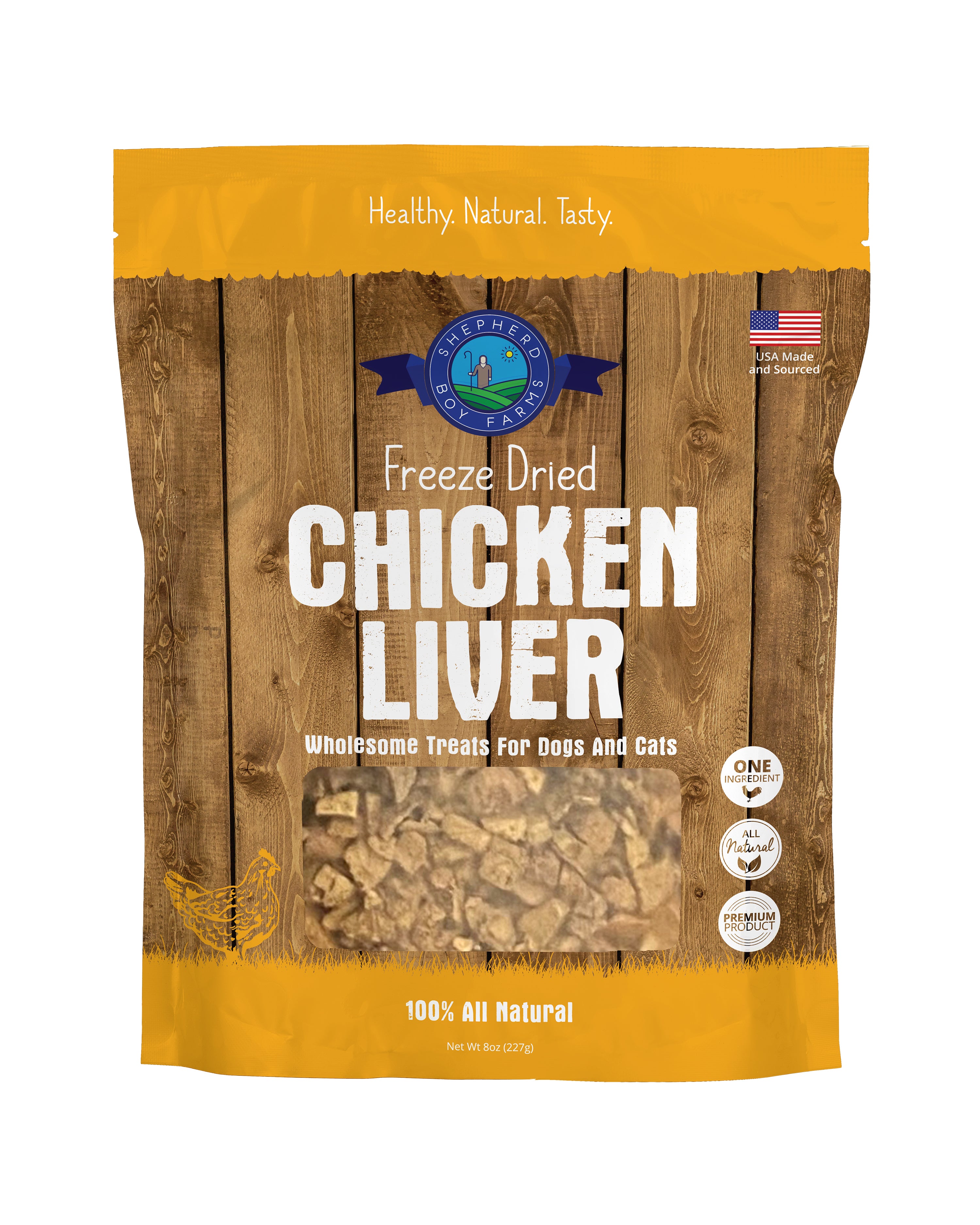 Package of  Shepherd Boy Farms freeze-dried chicken liver treats for pets on a wooden background
