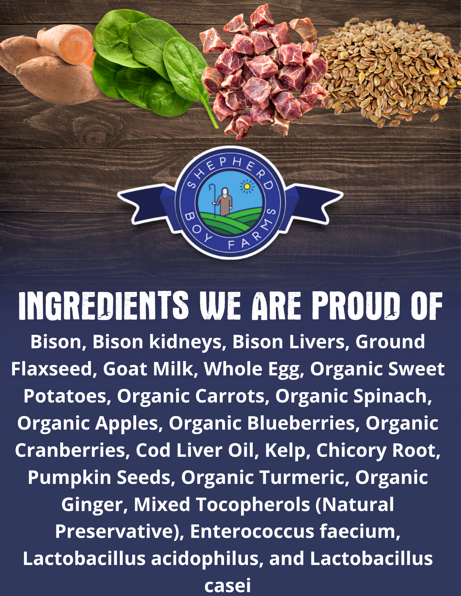 Shepherd Boy Farms product with ingredients list on a wooden background