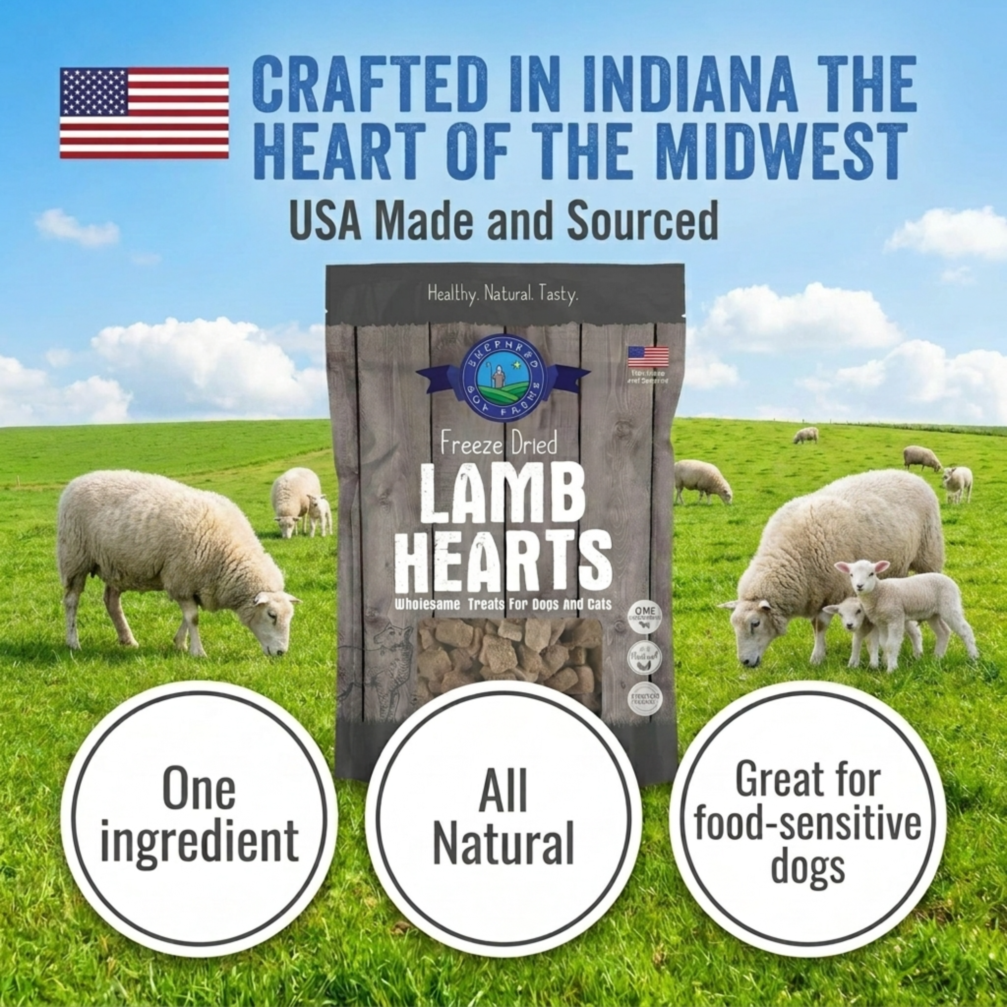 Bag of freeze-dried lamb hearts with sheep in a field and USA flag, text about product origin and benefits.