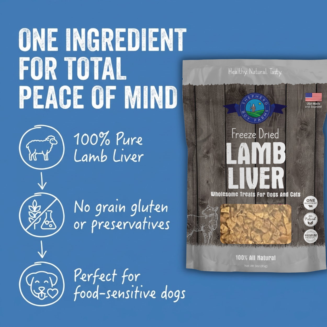 Package of freeze-dried lamb liver treats for pets on a blue background with text highlighting ingredients and benefits.