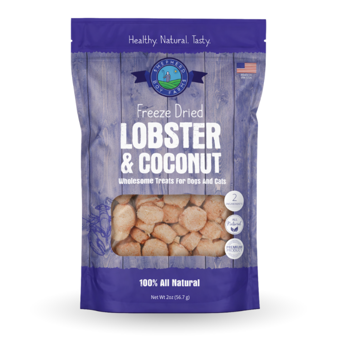 Package of freeze-dried lobster and coconut treats for pets on a white background