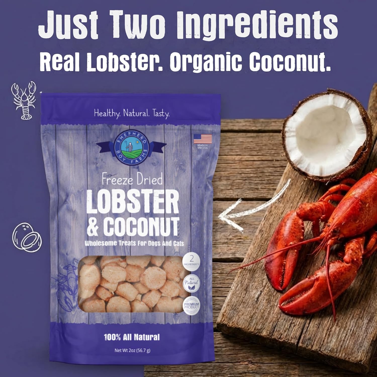 Freeze-dried lobster and coconut product packaging with a lobster and coconut on a wooden board.