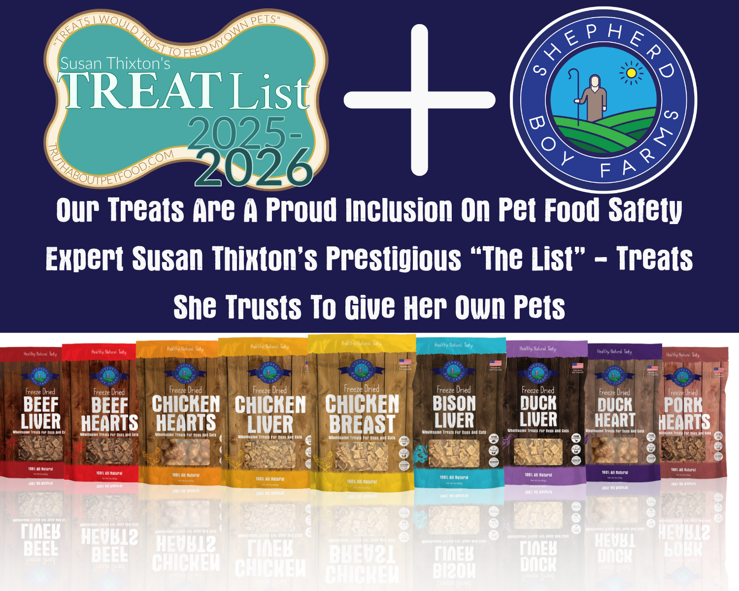 Promotional graphic for Susan Thixton's TREAT List 2025-2026 featuring Shepherd Boy Farms and pet Treat products.