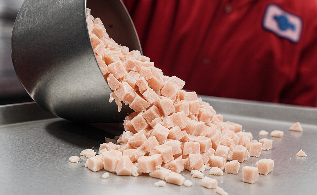Frozen raw chicken breast being trayd